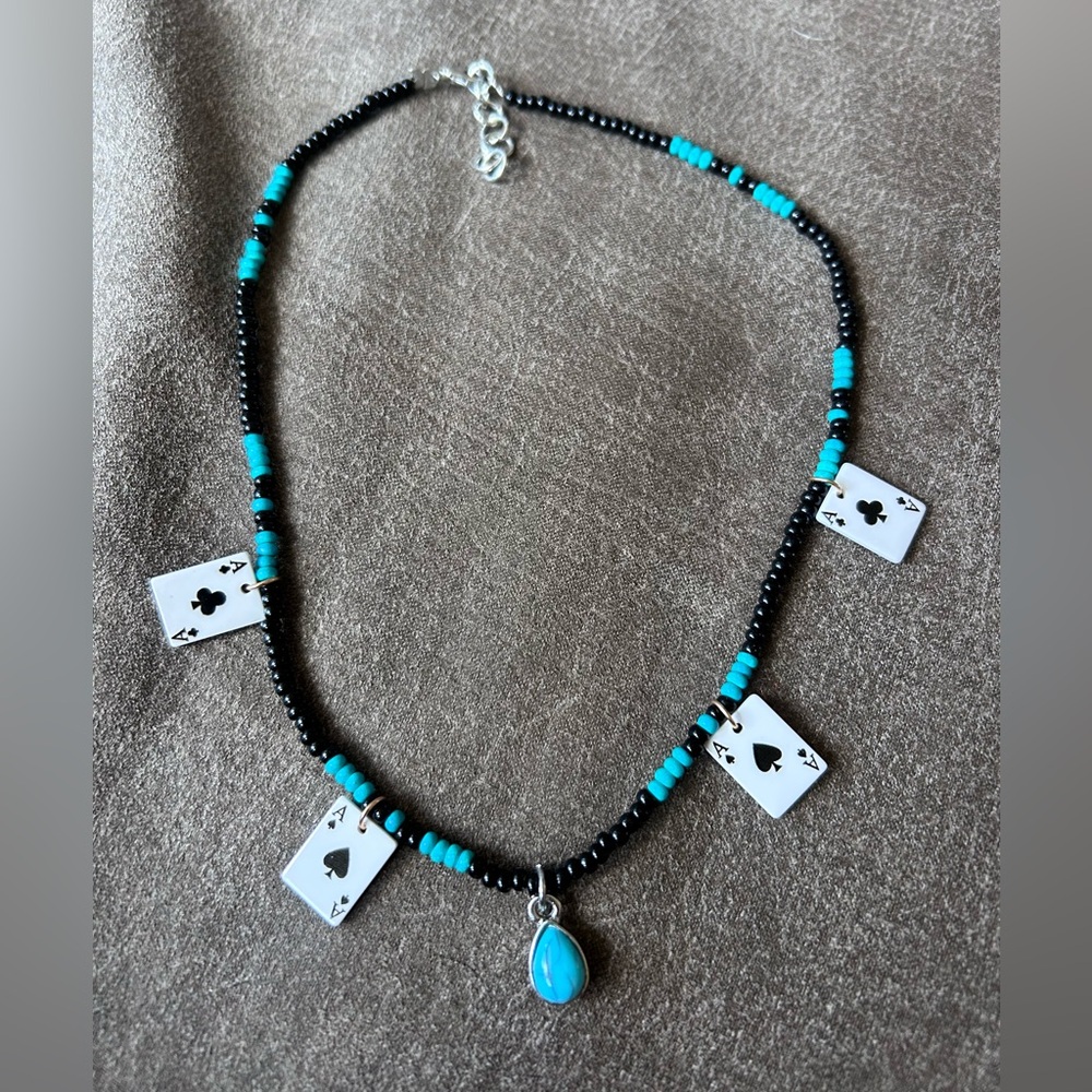Black and Blue Beaded Necklace with Playing Card Charms